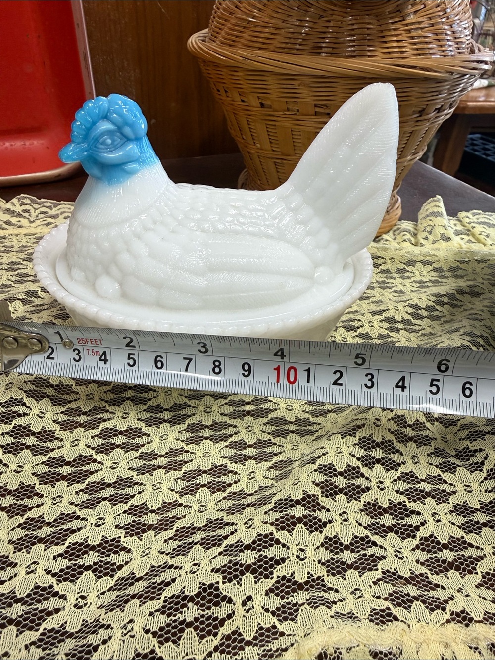 White Milk Glass Hen Dish with Blue Head